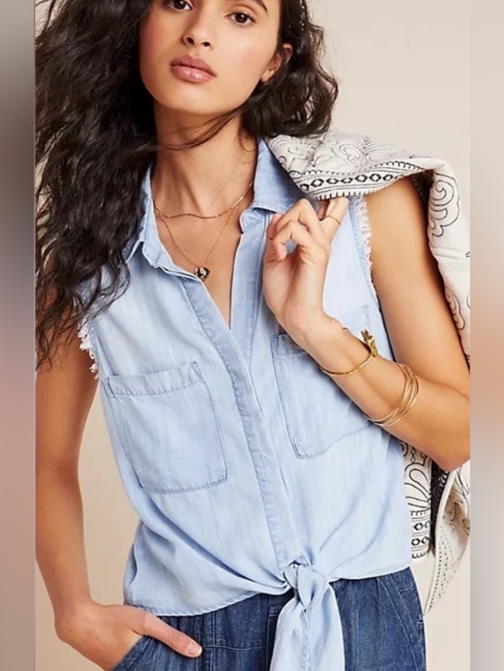 Cloth Stone Anthropologie Sleeveless Tie-Front Chambray Top - Light Blue Small